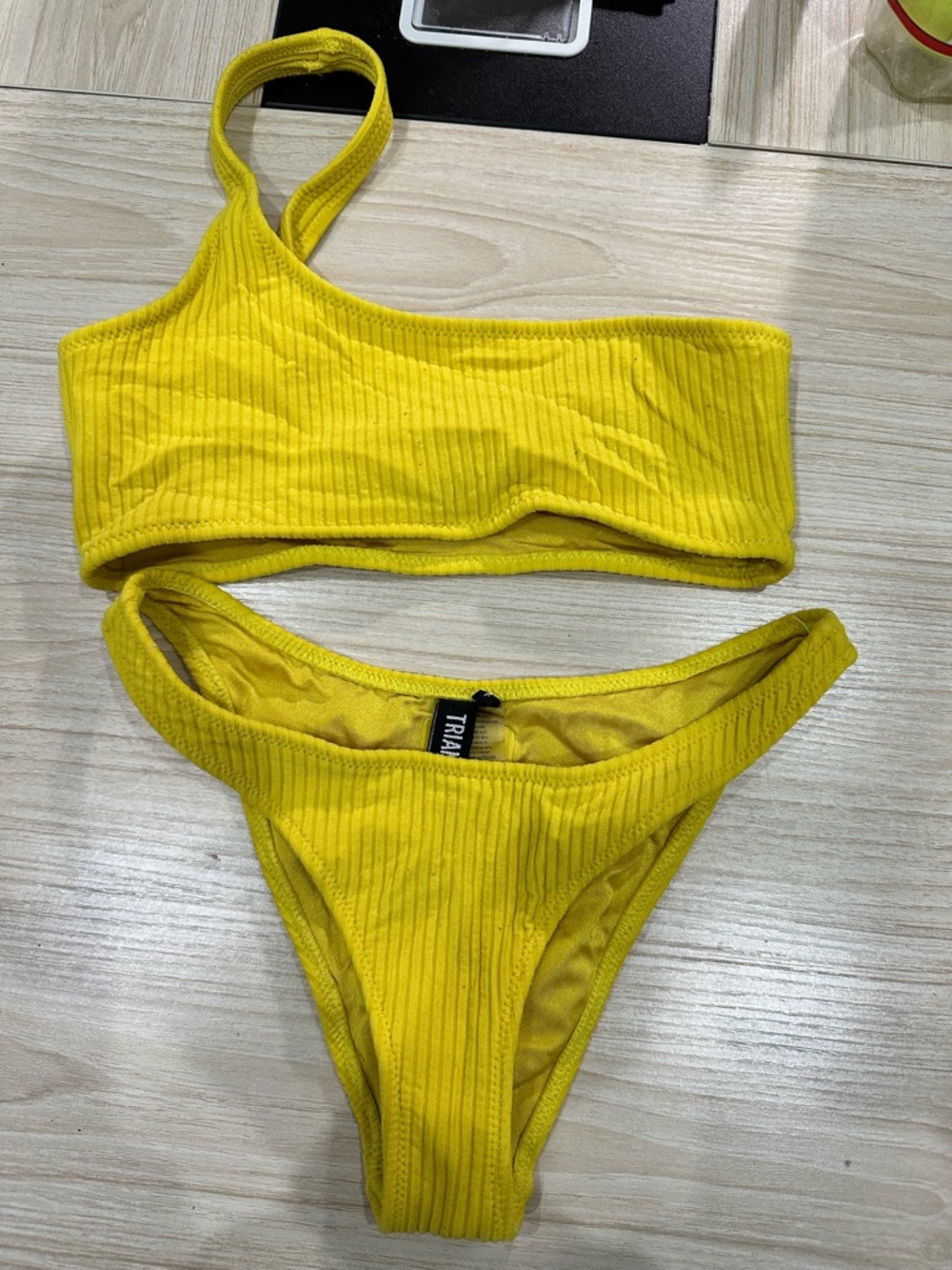 Topshop Yellow Ribbed One-Shoulder Bikini Set